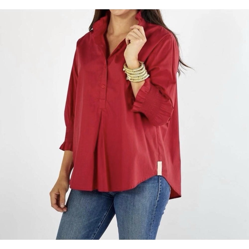 Caryn Lawn Kimberly Top Blouse Red O/S Cotton Poplin NWT Tuckernuck